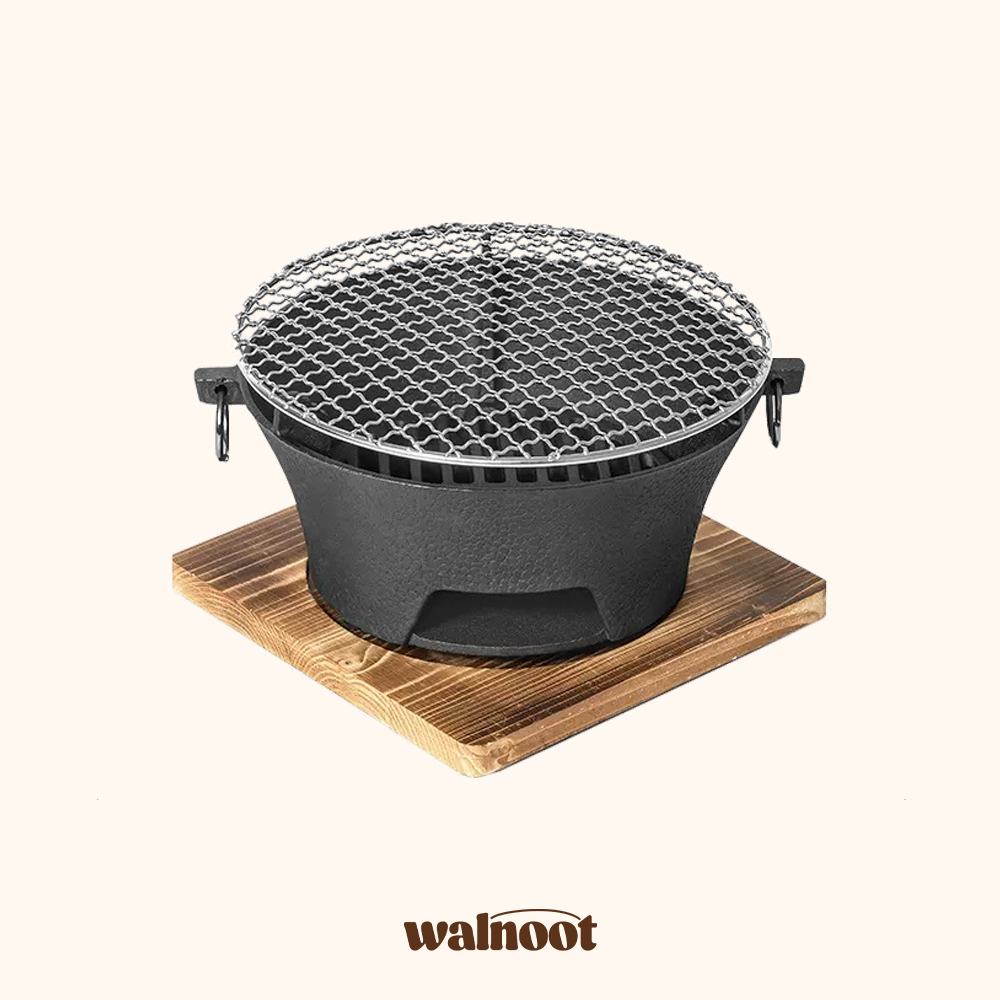 Walnoot Cast Iron Charcoal Grill bbq board cast iron charcoal grill japanese style solid wood table top walnoot wood wooden Walnoot