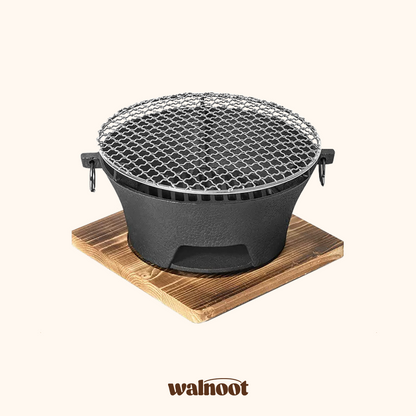 Walnoot Cast Iron Charcoal Grill bbq board cast iron charcoal grill japanese style solid wood table top walnoot wood wooden Walnoot