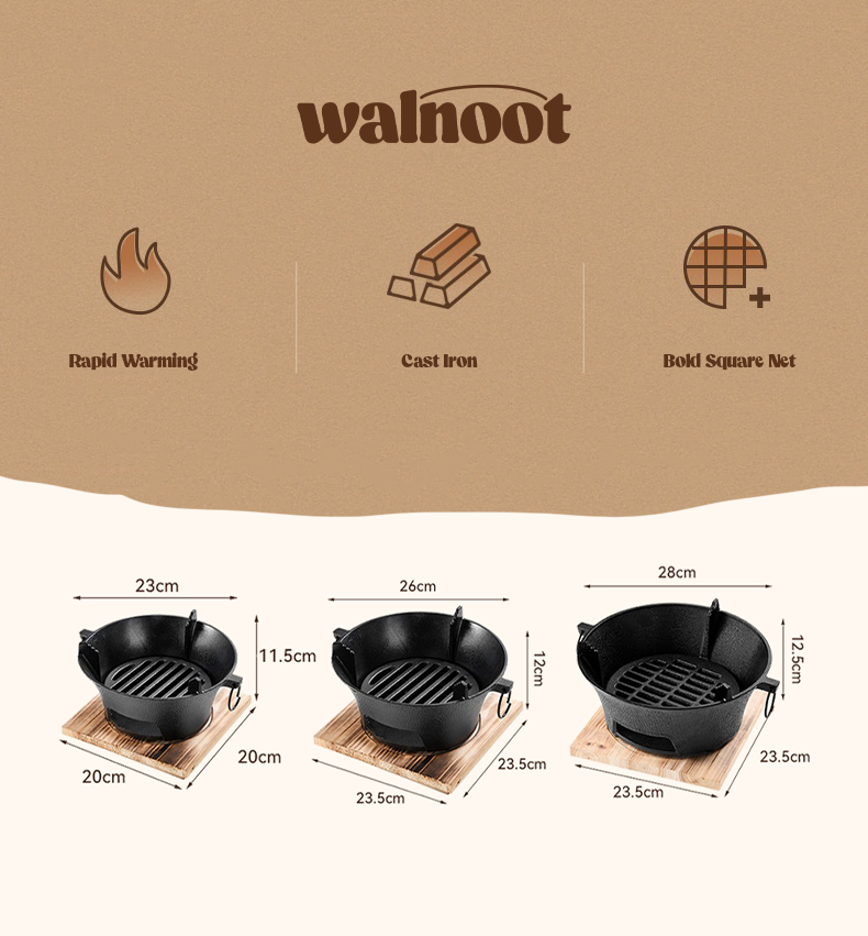 Walnoot Cast Iron Charcoal Grill bbq board cast iron charcoal grill japanese style solid wood table top walnoot wood wooden Walnoot